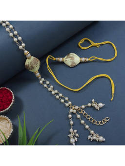 I Jewels - Yellow Kundan Pearl Bhaiya Bhabhi Rakhi, Bracelet with Roli Chawal & Greeting Card