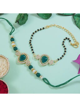 I Jewels - Green Kundan Stone Bhaiya Bhabhi Rakhi & Mangalsutra Bracelet with Roli Chawal