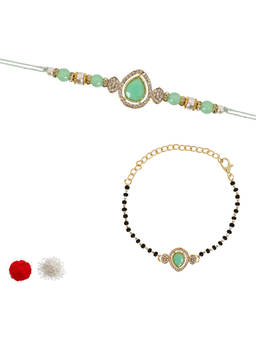 I Jewels - Green Kundan Stone Bhaiya Bhabhi Rakhi & Mangalsutra Bracelet with Roli Chawal