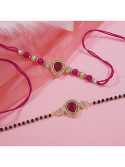I Jewels - Pink Kundan Stone Bhaiya Bhabhi Rakhi & Mangalsutra Bracelet with Roli Chawal