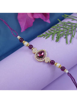 I Jewels - Purple Designer Kundan Pearl Bhaiya Rakhi with Roli Chawal with Rakshabandhan Card
