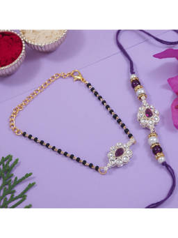 I Jewels - Purple Kundan Pearl Bhaiya Bhabhi Rakhi & Mangalsutra Bracelet with Roli Chawal