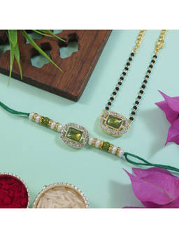 I Jewels - Green Kundan Pearl Bhaiya Bhabhi Rakhi & Mangalsutra Bracelet with Roli Chawal