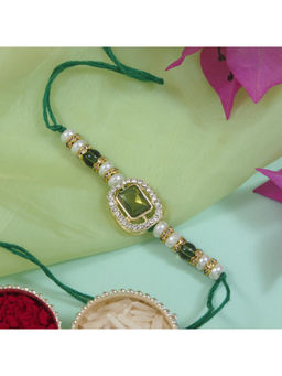 I Jewels - Green Designer Kundan Pearl Bhaiya Rakhi with Roli Chawal & Rakshabandhan Card