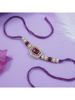 I Jewels - Purple Designer Kundan Pearl Bhaiya Rakhi with Roli Chawal & Rakshabandhan Card