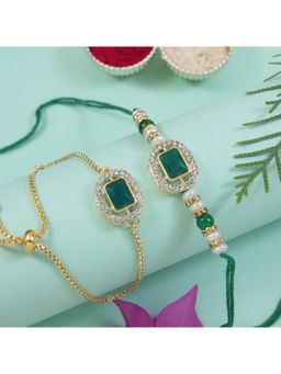 I Jewels - Green Kundan Pearl Bhaiya Bhabhi Rakhi & Bracelet with Roli Chawal