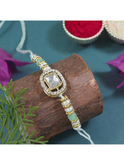 I Jewels - Green Designer Kundan Pearl Bhaiya Rakhi with Roli Chawal & Rakshabandhan Card