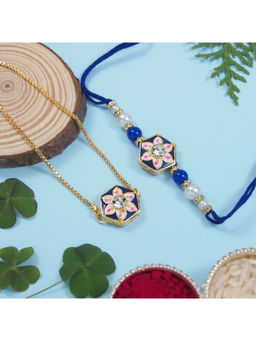 I Jewels - Blue Pearl & Meenakari Bhaiya Bhabhi Rakhi & Bracelet with Roli Chawal