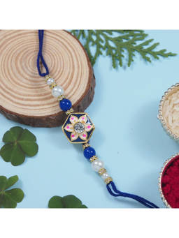 I Jewels - Blue Designer Meenakari Kundan Pearl Bhaiya Rakhi with Roli Chawal & Greeting Card