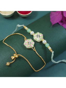 I Jewels - Green Pearl & Meenakari Bhaiya Bhabhi Rakhi & Bracelet with Roli Chawal