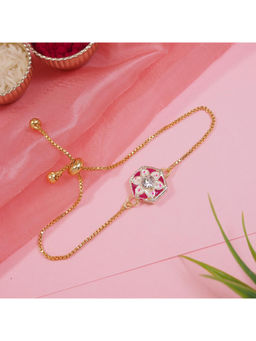 I Jewels - Pink Floral Shaped Meenakari Bracelet Rakhi with Roli Chawal