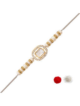 I Jewels - White Designer Kundan Pearl Bhaiya Rakhi with Roli Chawal & Rakshabandhan Card