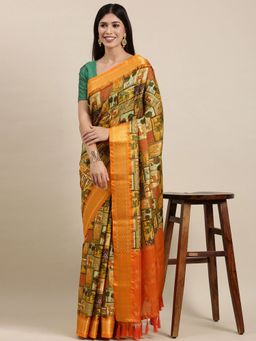 Vastranand - Orange & Green Kalamkari Print Zari Silk Blend Uppada Saree with Unstitched Blouse