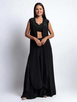 QAIYNAT - Black Chinon Cape with Crop Top and Palazzo (Set of 3)