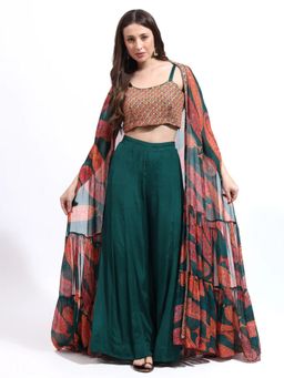 QAIYNAT - Emerald Multi-Color Chinon Crop Top with Cape and Palazzo (Set of 3)