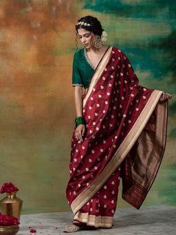 WeaverStory - Handloom Maroon And Black Banarasi Saree With Unstitched Blouse