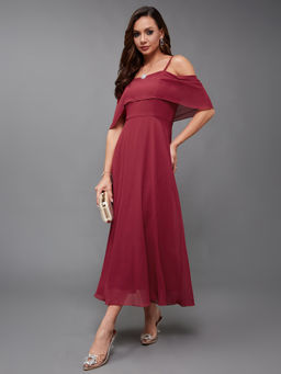 Miss Chase - Womens Maroon Off-Shoulder Sleeveless Solid Skater Midi Dress