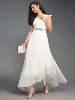Miss Chase - Women's Off-White V-Neck Ruffled Sleeve Solid Embellished Maxi Party Dress