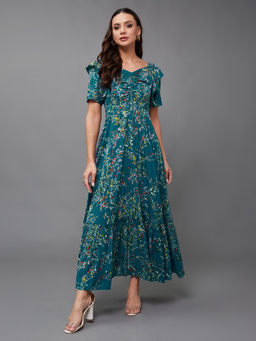 Miss Chase - Women's Sweet-Heart Neck Half Sleeve Floral Printed Ruching Maxi Dress