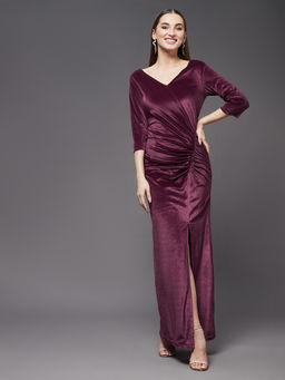 Miss Chase - Women's Dark Mauve V Neck 3/4 Sleeve Solid Ruching Maxi Party Dress