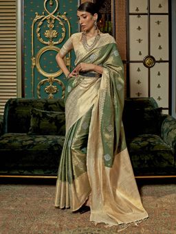 Akhilam - Womens Silk Blend Green Woven Designer Saree with Unstitched Blouse