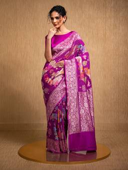 Sacred Weaves - Dark Magenta Meenakari Bandhani Silk Handloom Banarasi Saree