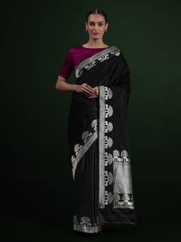 Sacred Weaves - Black Shikargah Boota Satin Silk Handloom Banarasi Saree
