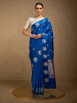 Sacred Weaves - Royal Blue Booti Satin Silk Handloom Banarasi Saree