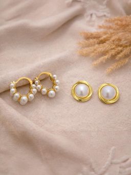 ISHKAARA - Women Pearl Hoops and Round Stud Gold Plated Earrings (Pack of 2)
