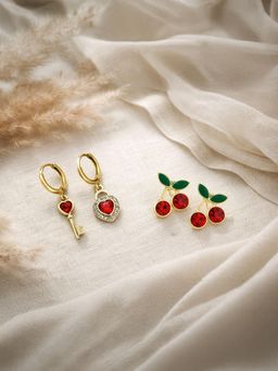 ISHKAARA - Women Red Heart-Lock Cherry Love Stud and Drop Earrings