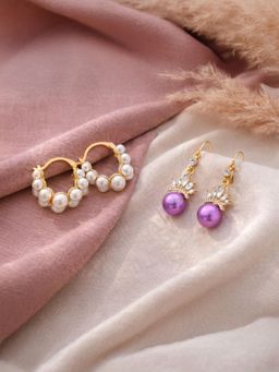 ISHKAARA - Women Pearl Hoops and Crystal Dangler Earrings (Pack of 2)