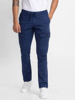 Spykar - Navy Blue Cotton Slim Fit Regular Length Trousers for Men