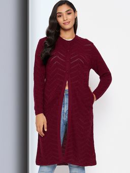 CLAPTON - Womens Wool Blend Maroon Full Sleeve Solid Self Design Round Neck Cardigan