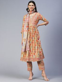 FASHOR - Ethnic Printed & Embroidered A-line Kurta with Pant and Dupatta - Multi (Set of 3)