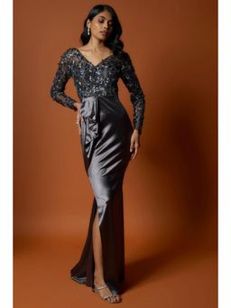 MEHAK MURPANA - Steel Grey Embroidered Cocktail Gown