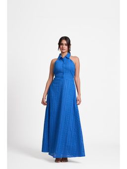 How When Wear - Blue Broderie Cold Shoulder Maxi Dress