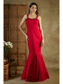 MEHAK MURPANA - Red Cocktail Fish Cut Gown with Inserts