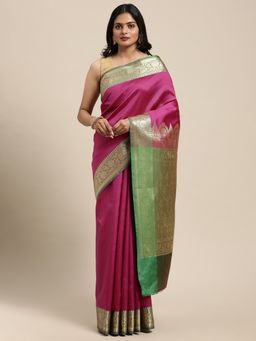 Banarasi Silk Works - Magenta Valkalam Katan Silk Anchal Saree with Unstitched Blouse
