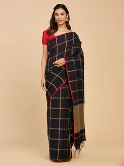 Fabindia - Black Cotton Silk Hand Woven Saree Without Blouse