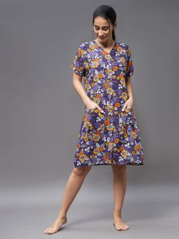 Miss Chase - Women Purple V Neck Short Sleeve Printed Button Down Placket Knee-Long Shift Dress