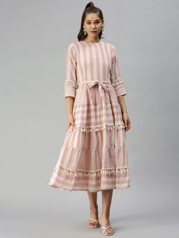 SHOWOFF - Women Striped Off White Fit and Flare Dress