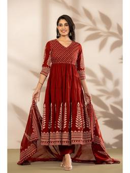 Gahan - Womens Maroon Printed Anarkali Kurta and Pant with Dupatta