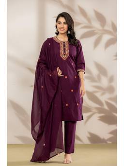 Gahan - Wine Embroidered Long Kurta and Pant with Dupatta
