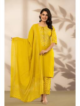 Gahan - Mustard Yellow Printed Long Kurta and Pant with Dupatta