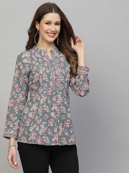 QOMN - Grey Floral Printed Shirt Style Top