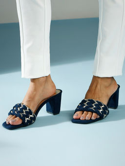 Inc.5 - Women Navy Blue & Gold Toned Embellished Open Toe Block Heels