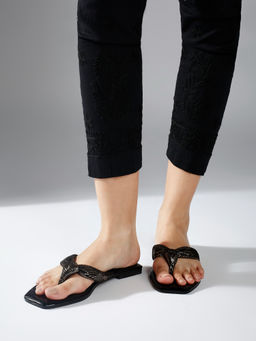 Inc.5 - Women Antique Gold Metallic Printed Knotted Open Toe Flats