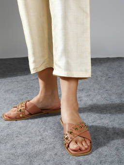Inc.5 - Women Peach Studded Criss Cross Strap Open Toe Flats