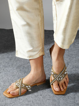 Inc.5 - Women Gold Embellished Ethnic One Toe Flats