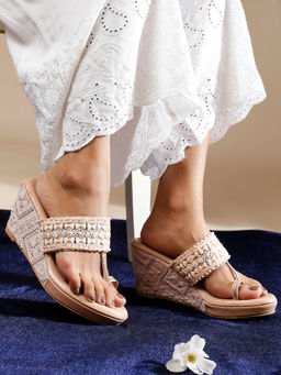 Inc.5 - Women Peach Embellished Ethnic One Toe Wedges
